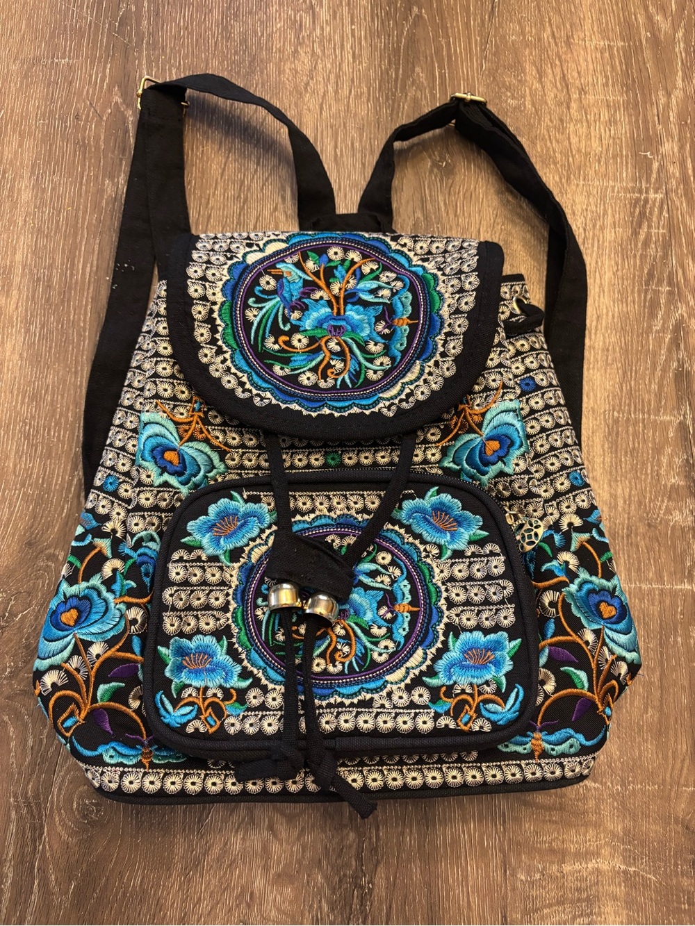 Backpack - Embroidered Floral Black and Blue Drawstring